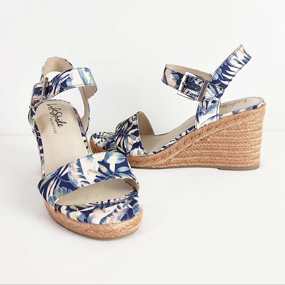 LifeStride Navy Blue Wedge Sandals Tango 2 Espadrilles Size 10 Heels Open Toe